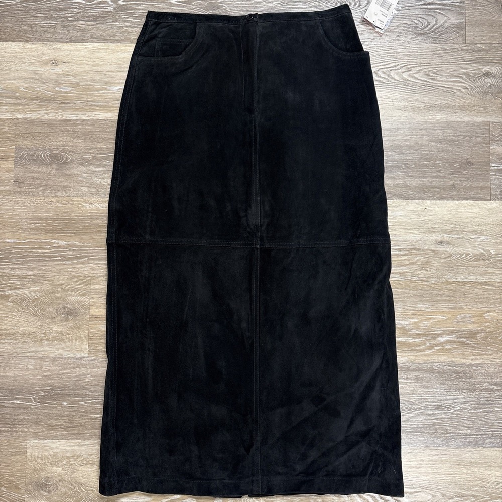 Vintage NEW Black Suede Leather Maxi Skirt Sz 12 Junction West Western Minimal